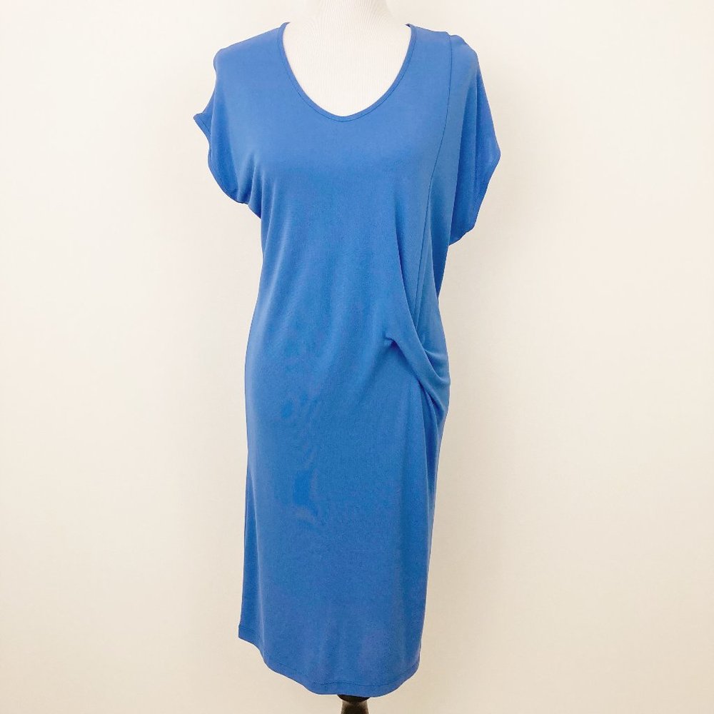 NWT Q'Neel Nordic Design Blue Dress Size 6 Scoop Neck Short Sleeve Drape Detail